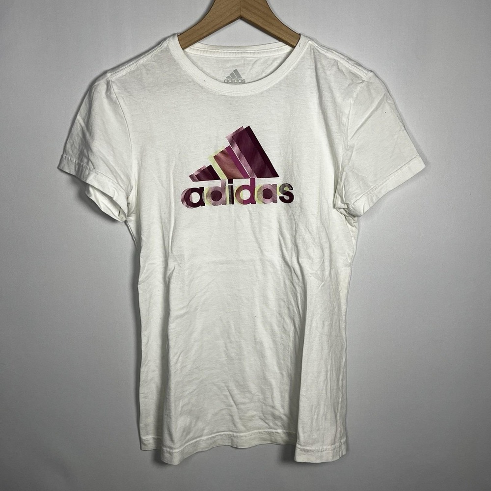 Y2K Adidas Blouse Women Sz‎ Small White Graphic Print Short Sleeve Top Tee Shirt
